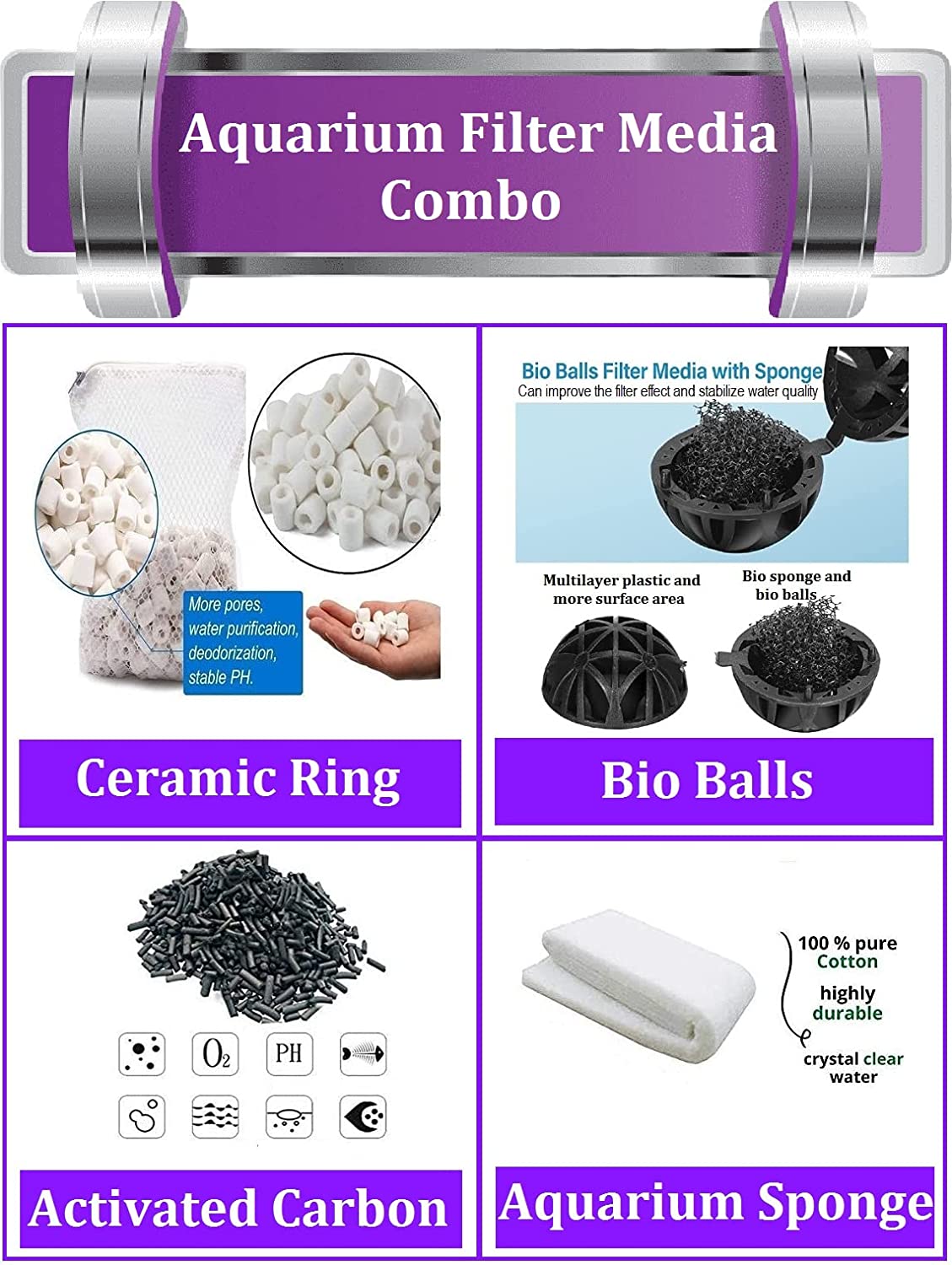 Aquarium Filter Media, 250G Ceramic Rings, Activated Carbon, 10Pcs Bio Balls and bio Media Aquarium Sponge Filter for Fish Tank. - FreshWaterAquatica.com