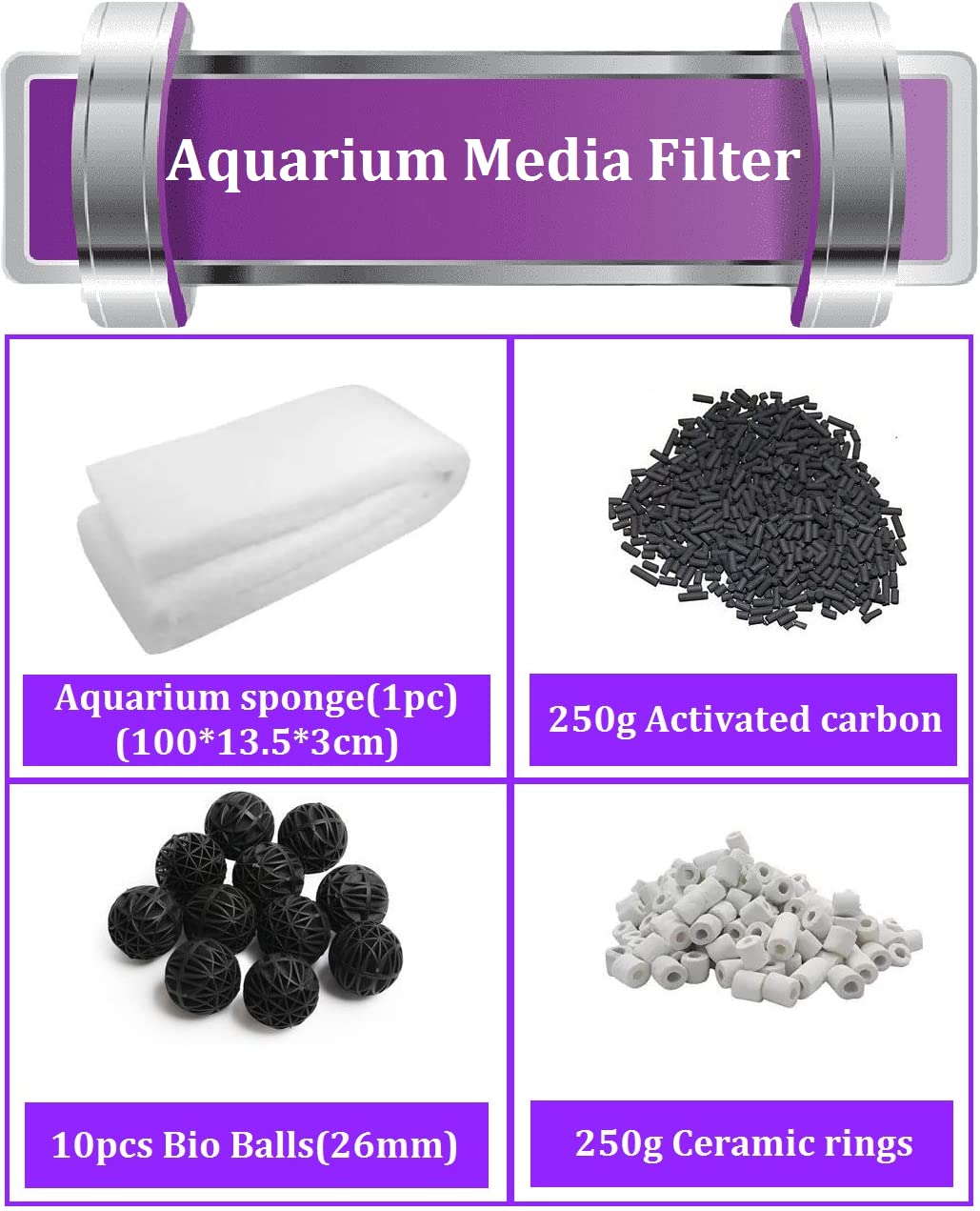 Aquarium Filter Media, 250G Ceramic Rings, Activated Carbon, 10Pcs Bio Balls and bio Media Aquarium Sponge Filter for Fish Tank. - FreshWaterAquatica.com