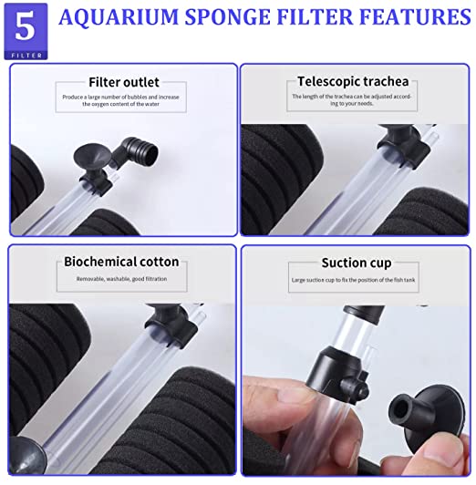 Aquarium Filter Sponge, Aquarium bio Sponge Filter, Biochemical Filter Double Sponge for Fish Tank with 1m Tube - FreshWaterAquatica.com