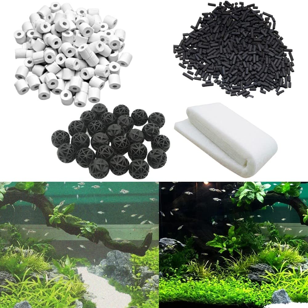 Aquarium Filter Media, 250G Ceramic Rings, Activated Carbon, 10Pcs Bio Balls and bio Media Aquarium Sponge Filter for Fish Tank. - FreshWaterAquatica.com