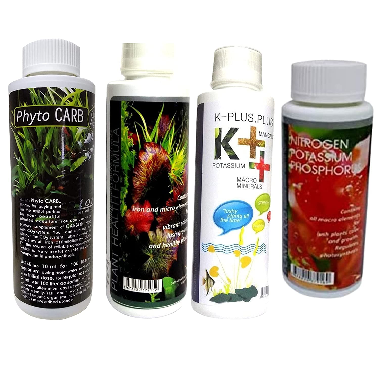 Aquatic Remedies Plant Fertilizer Combo Pack for Planted Aquarium(Plant Health Formula 220ml, Plant Food 220ml, Phyto Cab CO2 Plus 250ml & K++ 220ml) (Fertilizer - FreshWaterAquatica.com