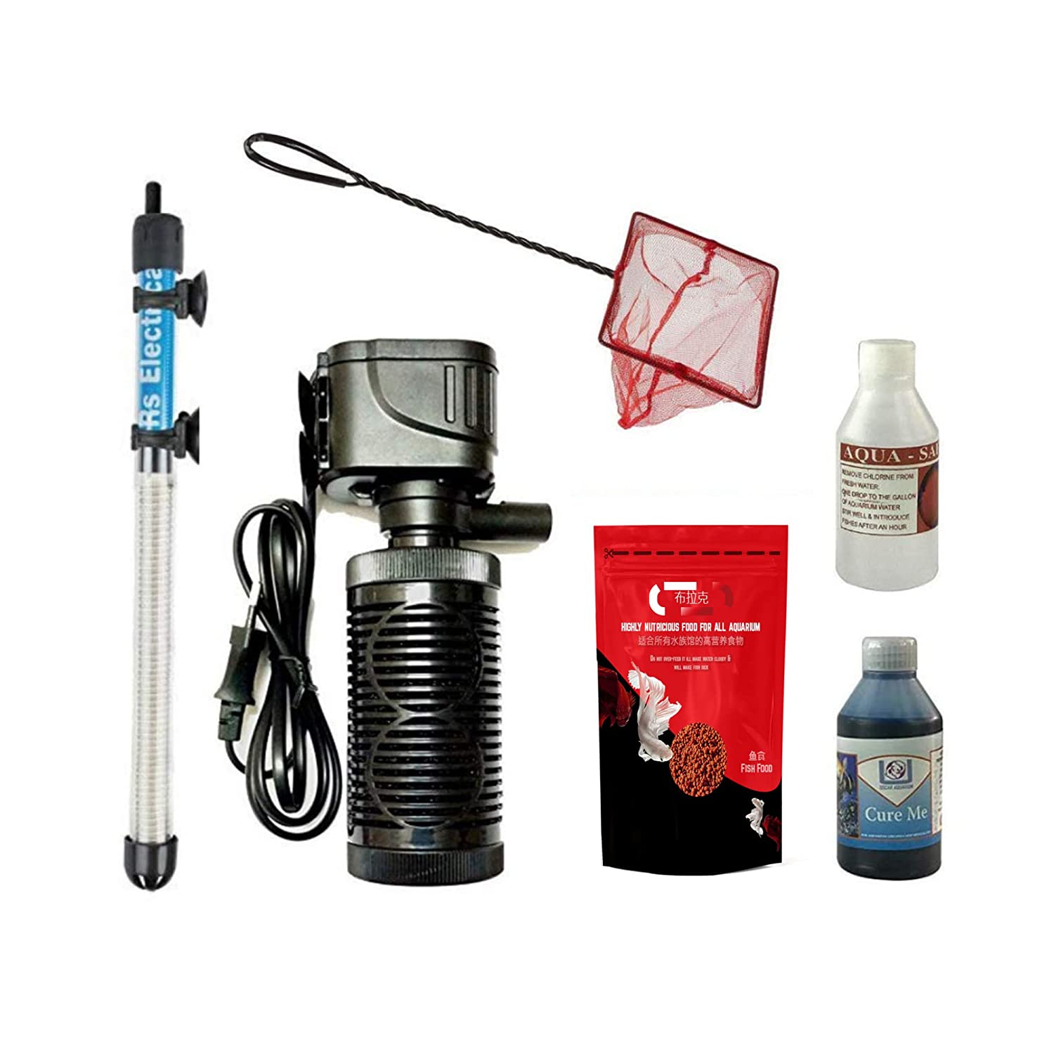 air pump accessories fish tank Aquarium Filter air Pump Accessories Beginners Complete kit Internal Filter with 100 watt Fully Automatic Heater Fish Food net 6 in 1 Complete All Set for Fish Tank (6 in 1)