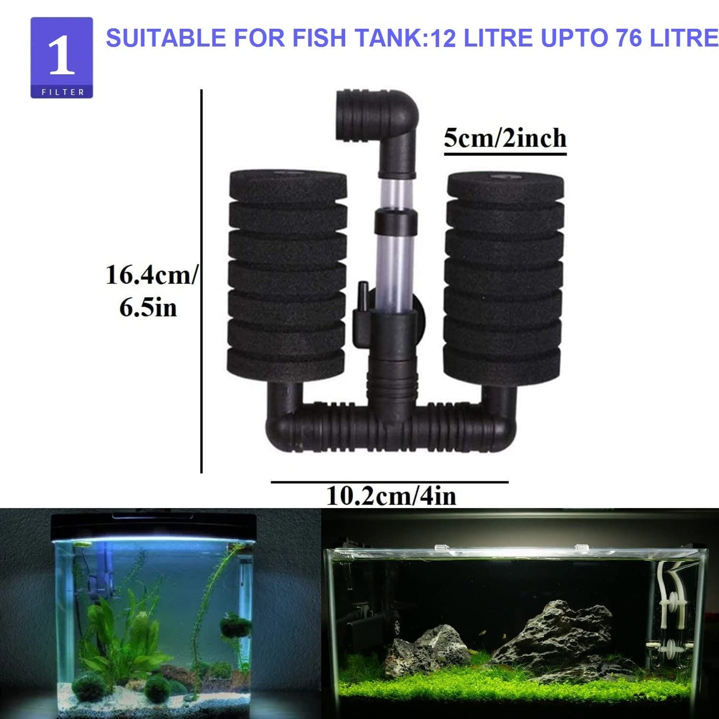 Aquarium Filter Sponge, Aquarium bio Sponge Filter, Biochemical Filter Double Sponge for Fish Tank with 1m Tube - FreshWaterAquatica.com