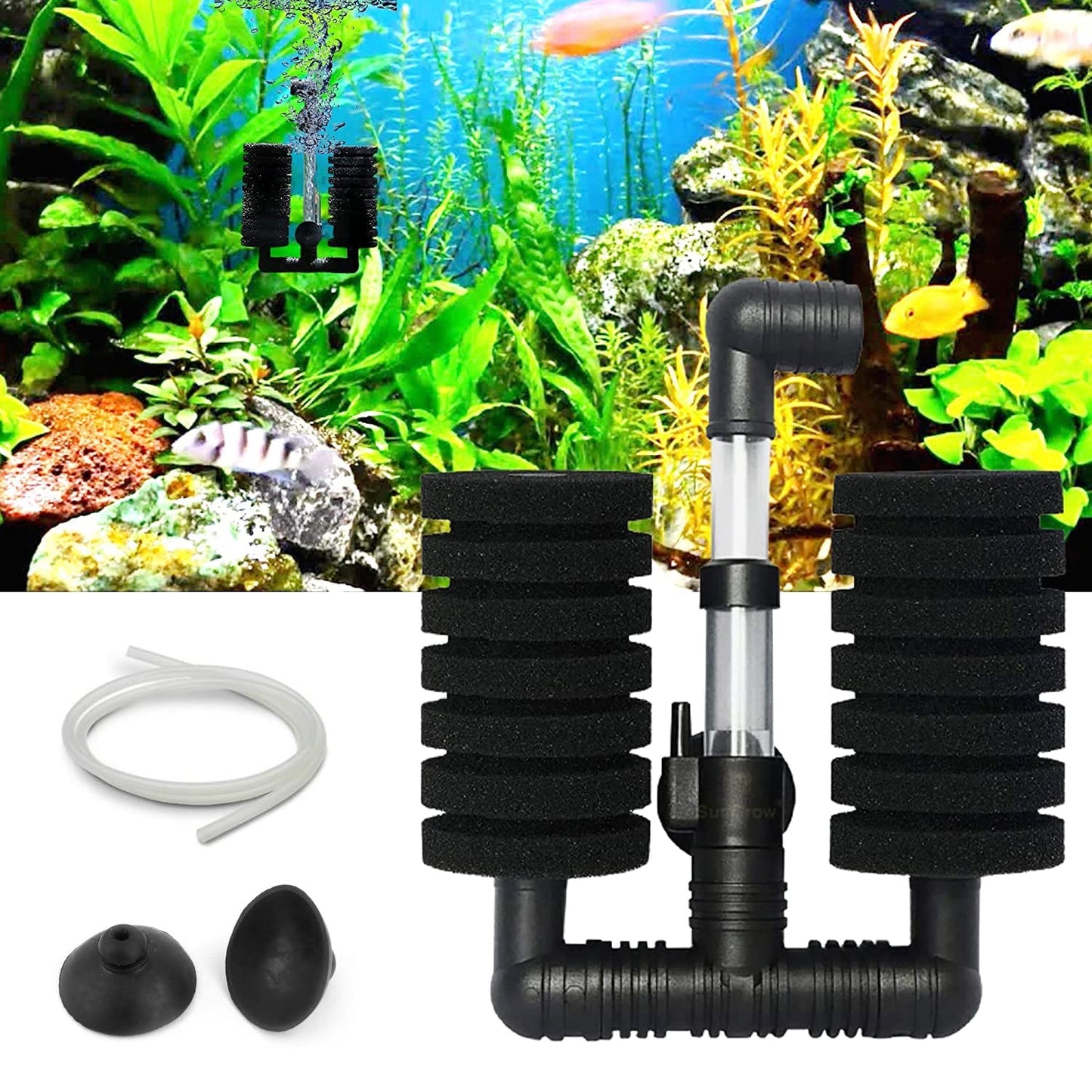 Aquarium Filter Sponge, Aquarium bio Sponge Filter, Biochemical Filter Double Sponge for Fish Tank with 1m Tube(Air Pump not Included) - FreshWaterAquatica.com
