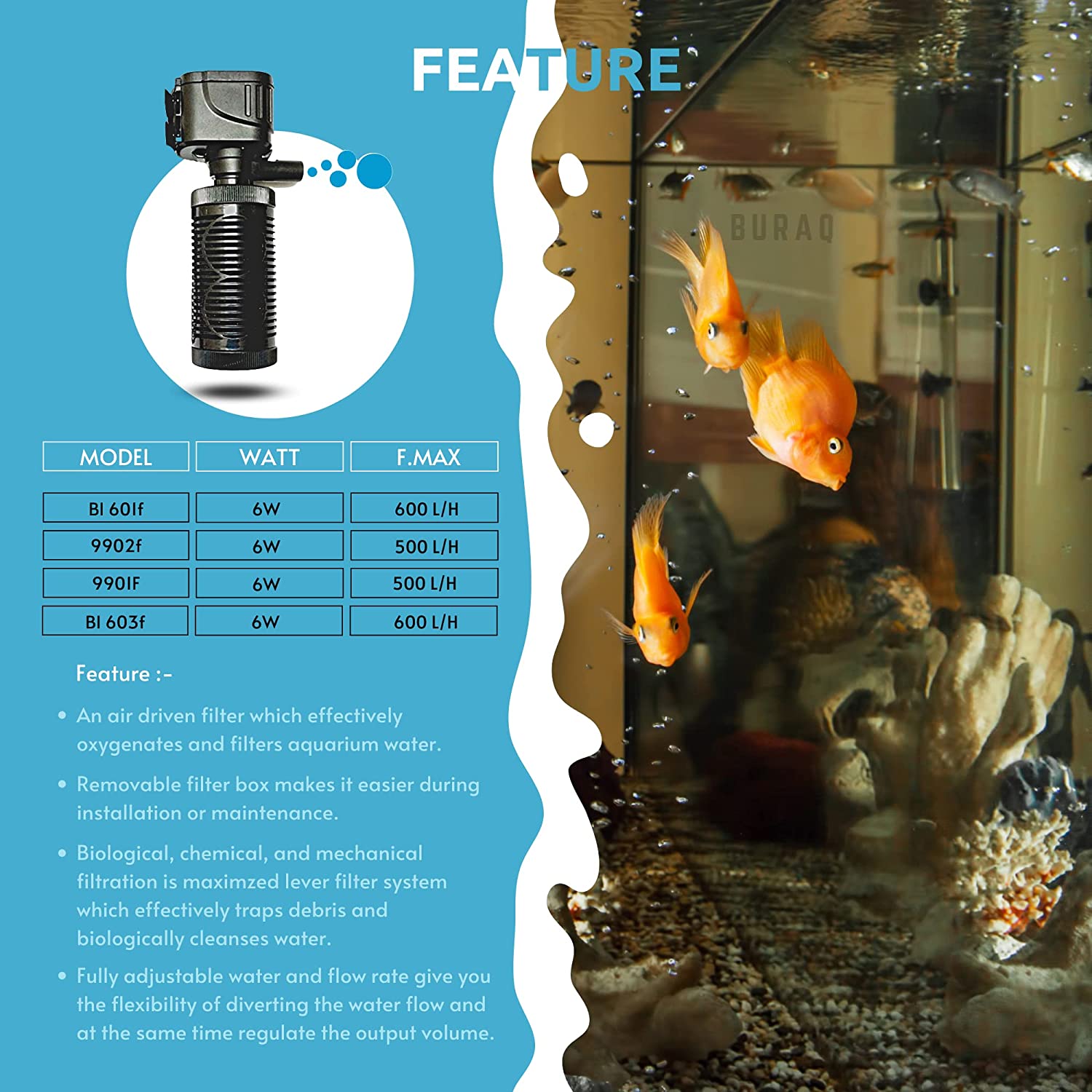 Aquarium Essentials BL-1200F 15w Internal Filter for Aquarium, with Multiple Function, High Power Output, Low Power Consumption - FreshWaterAquatica.com